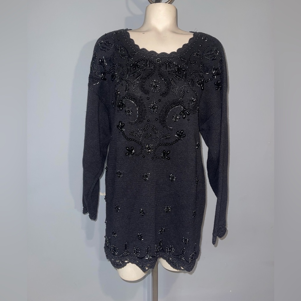 Vintage Maggie Lawrence black beaded long sleeve sweater top shirt size 18